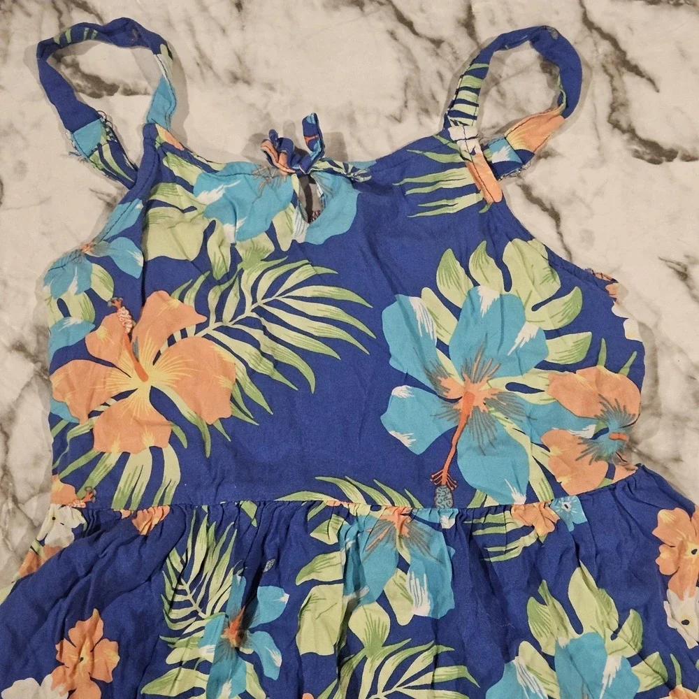 The Children's Place Girls 10/12 Tropical Floral Dress Blue‎ Adjustable Straps